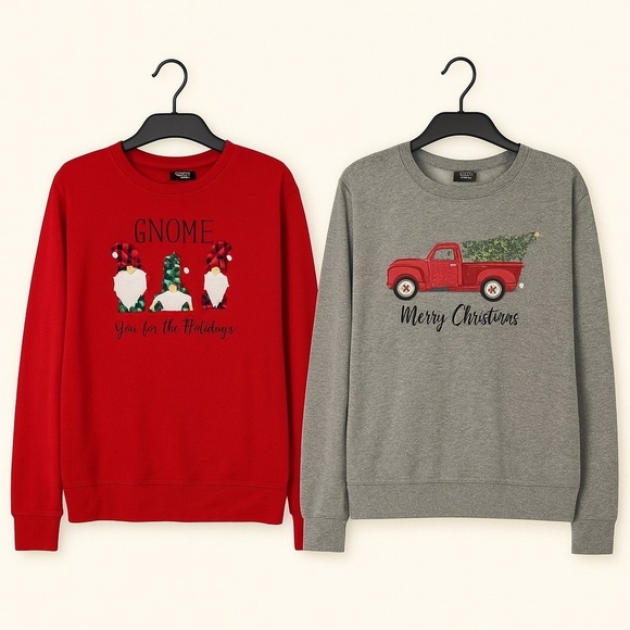 None Tops - Christmas Tees - 2 Women’s Holiday tees. 1 red gnome, 1 gray truck. Size Medium